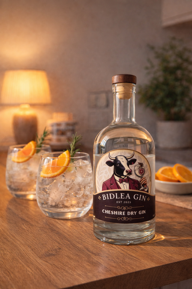 Bidlea Gin bottle with glasses of gin and tonic on a wooden table.