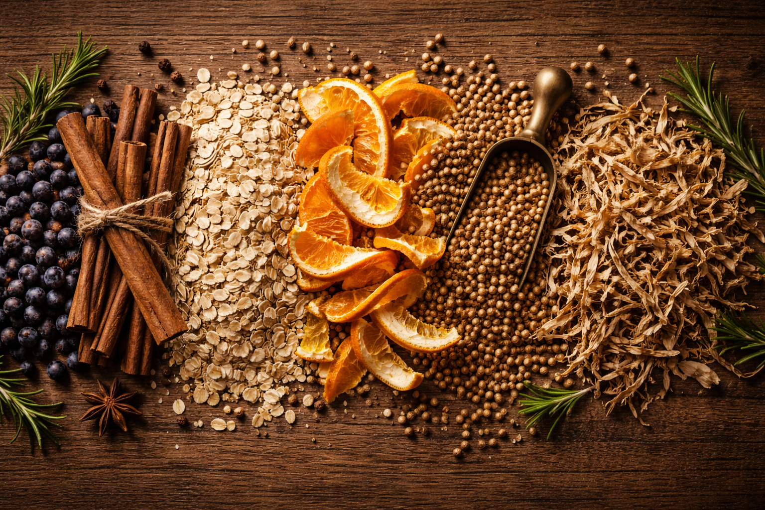 Spices and dried oranges on a wooden surface