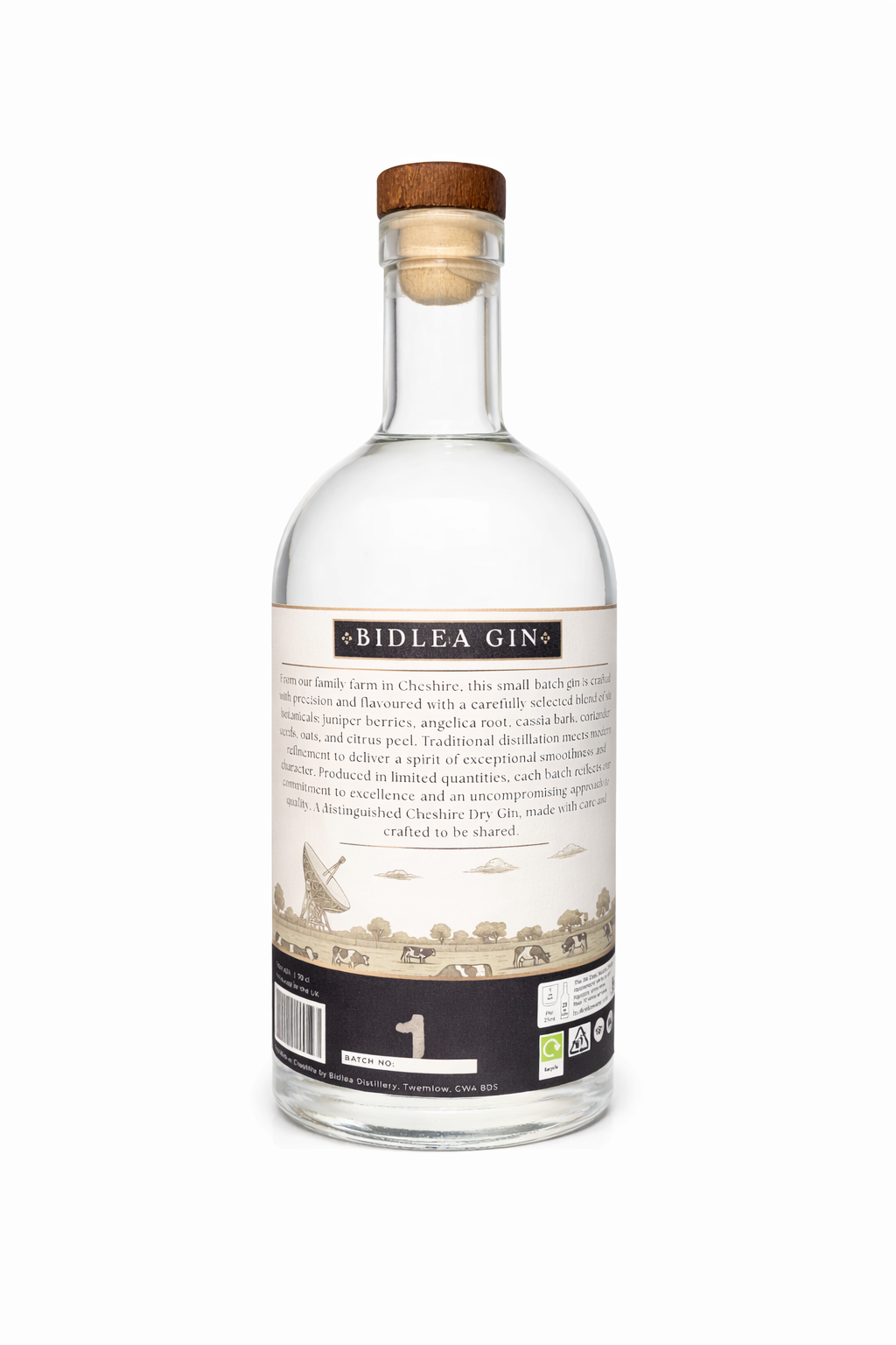 Bottle rear of Bidlea Gin on a white background