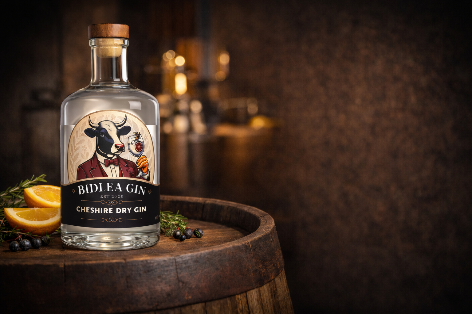 Bidlea Gin bottle on a wooden barrel with a blurred bar background